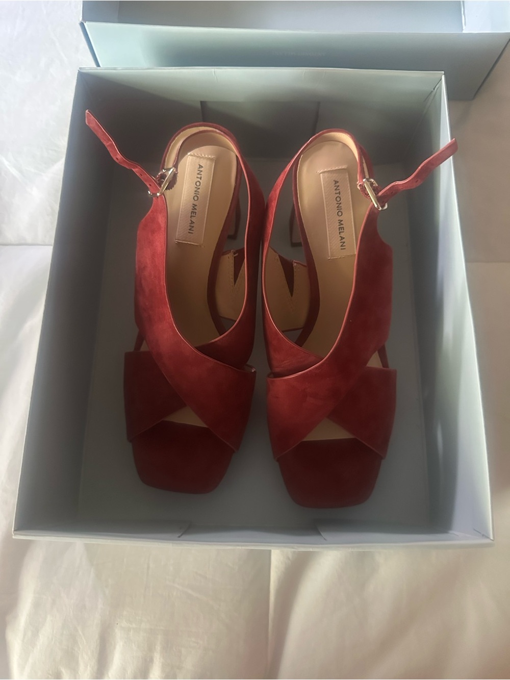 ANTONIO MELANI Red Cranberry color Suede Cross-Strap Ankle-Heel Sandals